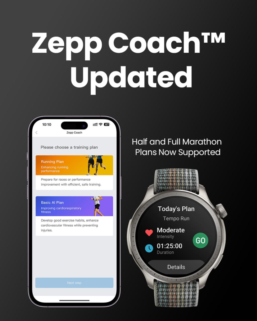 Amazfit 马拉松训练：通过 Zepp CoachTM 支持“半马”和“全马”的马拉松训练，用户可从新的“信心指数”和“训练计划完成率”功能来深度掌握自身的训练情况。